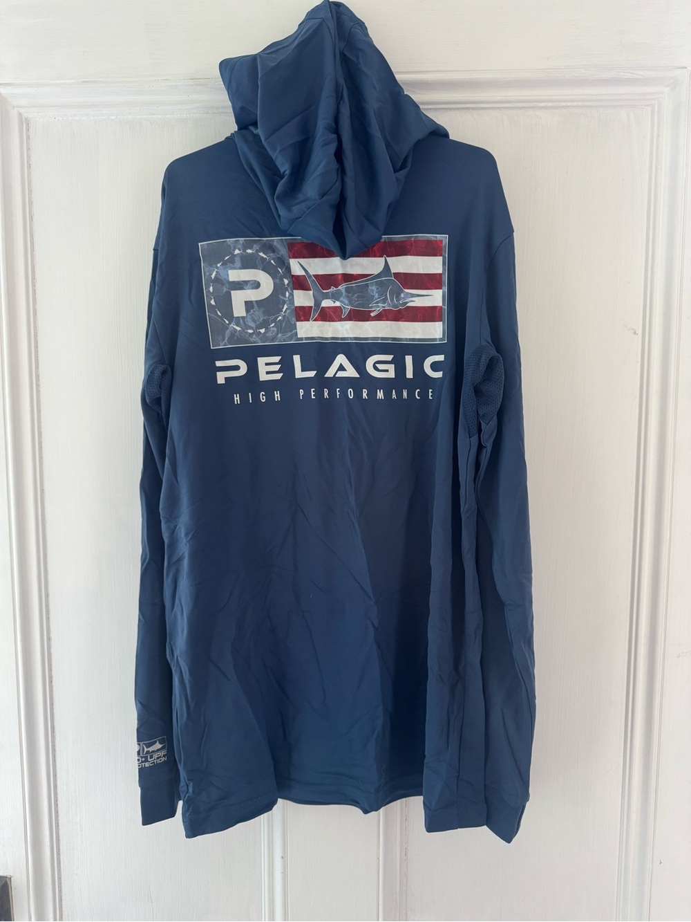 Pelagic Navy and Red Marlin Flag Hooded Fishing Top